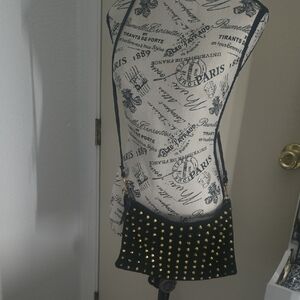 TopShop Real Leather Black & Gold Flat Studded Crossbody / Clutch Bag (EUC)✨️🖤✨